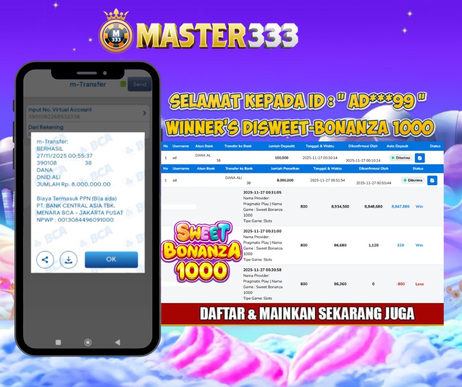 MASTER333 JACKPOT SLOT Sweet Bonanza 1000  Rp.8,000,000.,- LUNAS